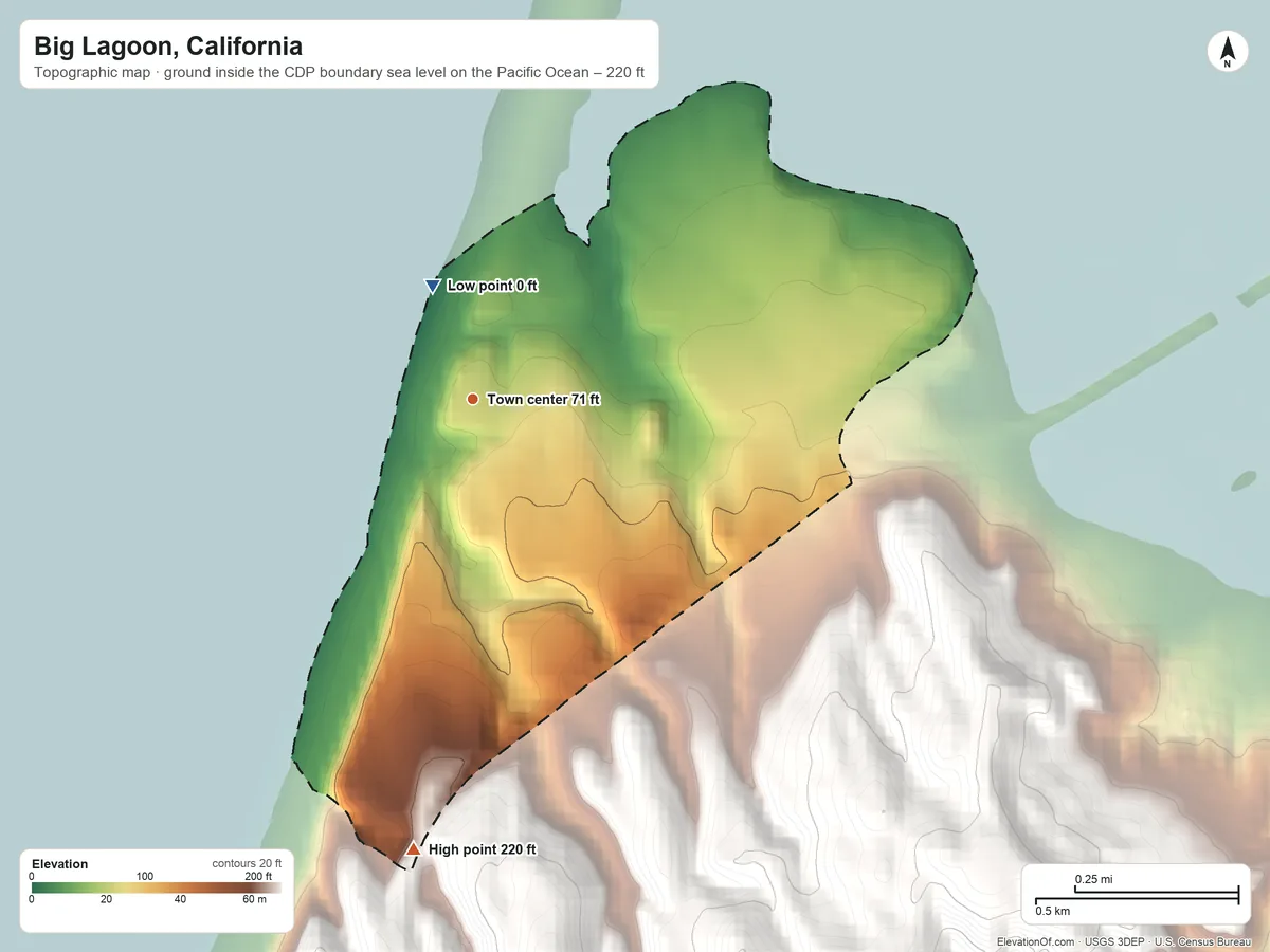 Topographic elevation map of Big Lagoon, California, shaded from sea level level on the Pacific Ocean to 220 ft at the foot of the Bald Hills