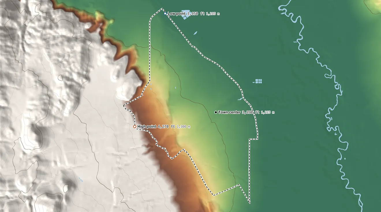 Topographic elevation map of Big Pine, California, shaded from 3,950 ft on the northwest side to 4,270 ft at the foot of the Poverty Hills