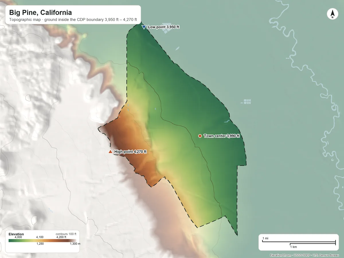 Topographic elevation map of Big Pine, California, shaded from 3,950 ft on the northwest side to 4,270 ft at the foot of the Poverty Hills
