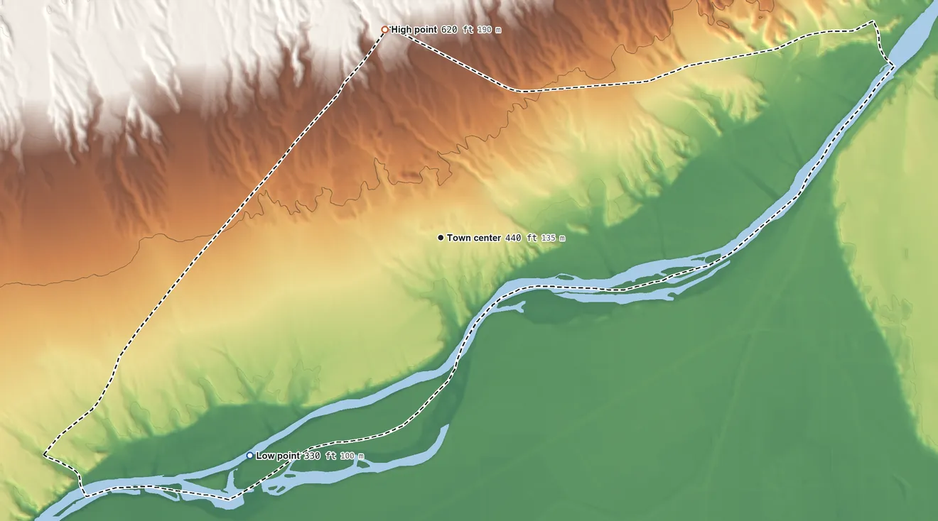 Topographic elevation map of Big River, California, shaded from 330 ft on the southwest side to 620 ft on the north side