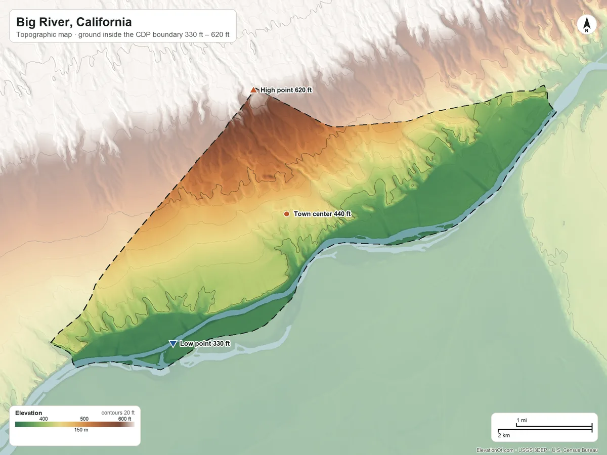 Topographic elevation map of Big River, California, shaded from 330 ft on the southwest side to 620 ft on the north side