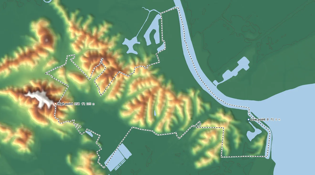 Topographic elevation map of Black Point-Green Point, California, shaded from sea level level on the Petaluma River to 350 ft on the west side
