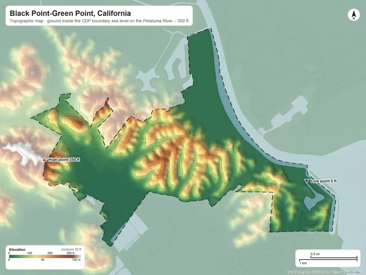 Topographic elevation map of Black Point-Green Point, California, shaded from sea level level on the Petaluma River to 350 ft on the west side