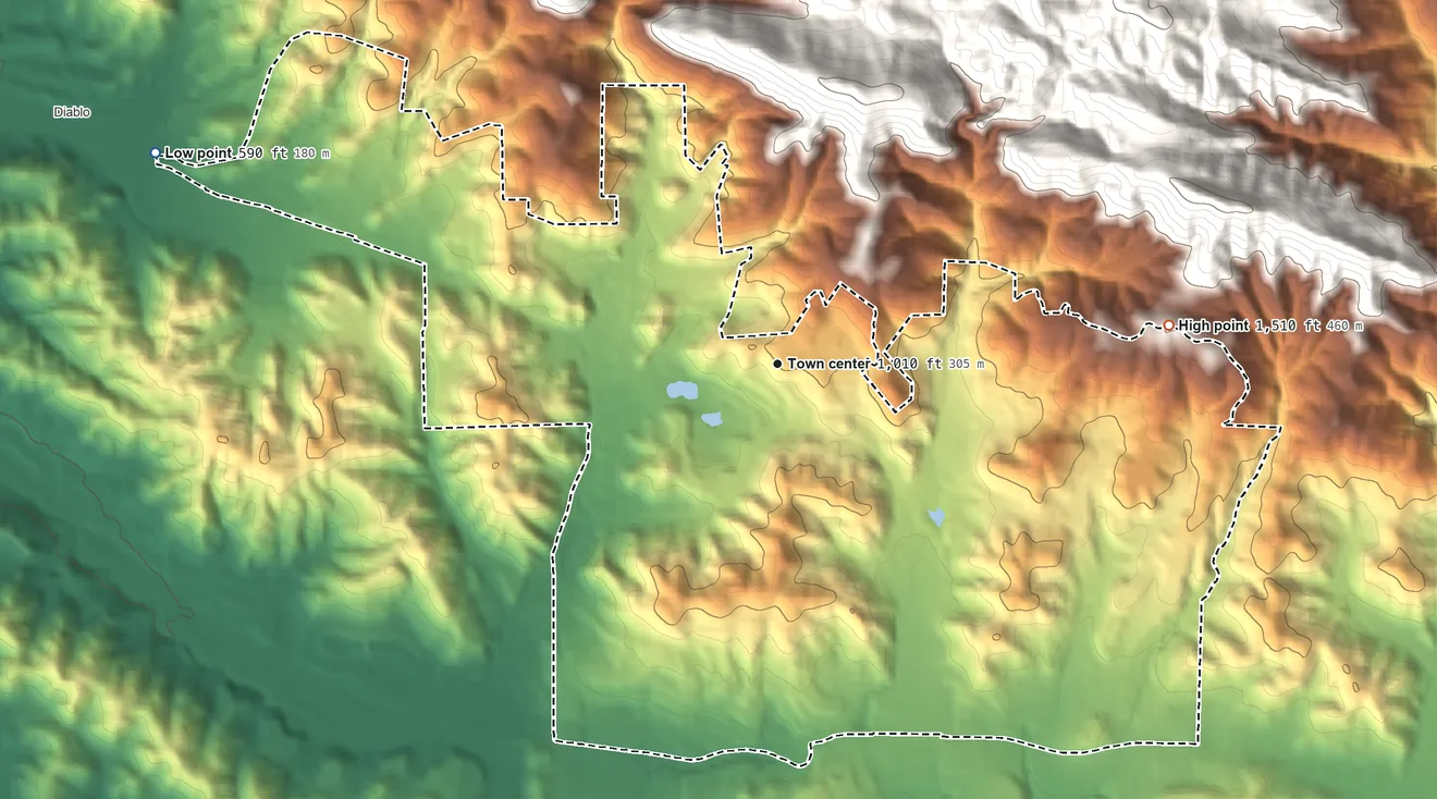 Topographic elevation map of Blackhawk, California, shaded from 590 ft on the west side to 1,510 ft at the foot of the Black Hills