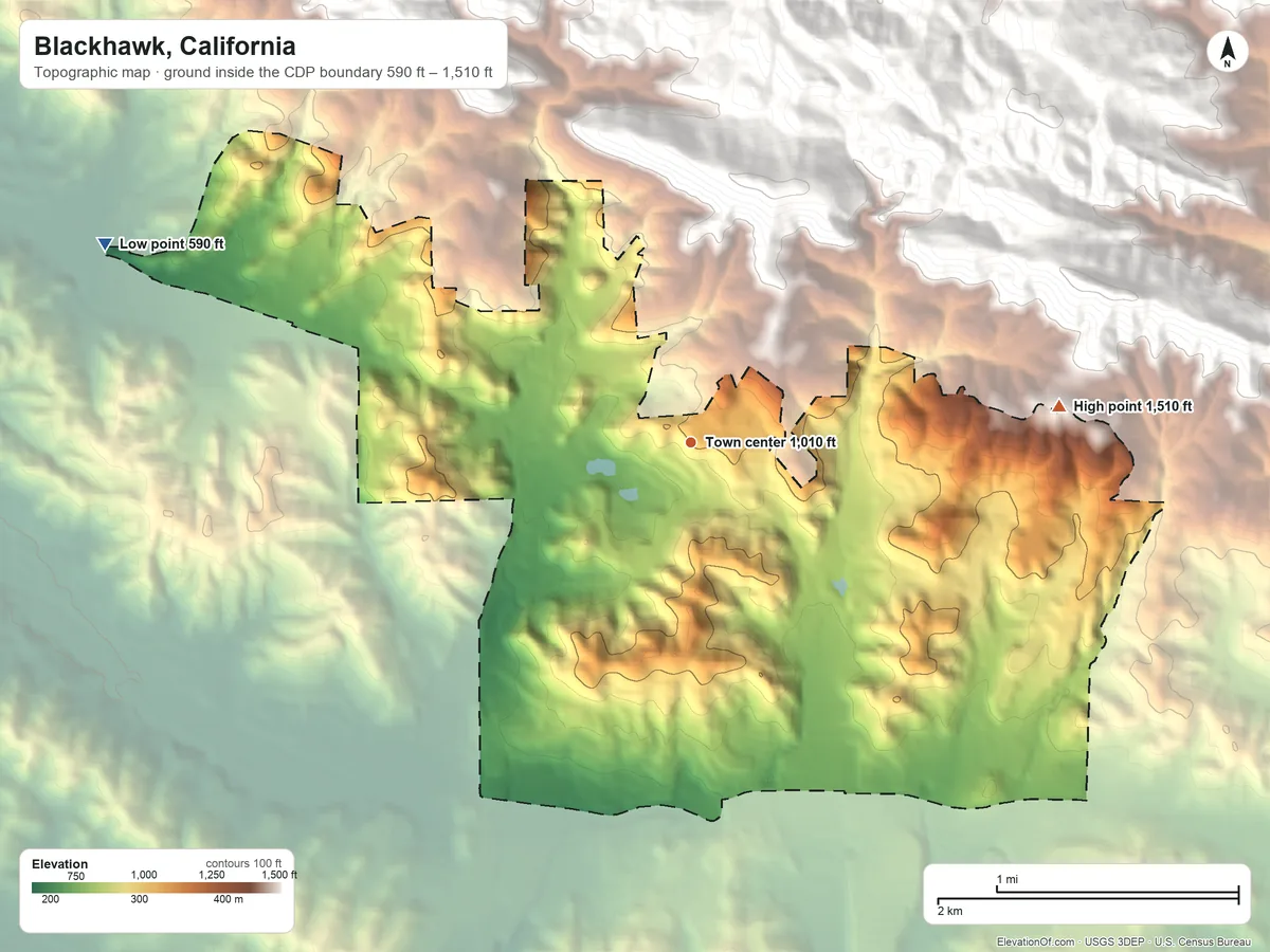 Topographic elevation map of Blackhawk, California, shaded from 590 ft on the west side to 1,510 ft at the foot of the Black Hills