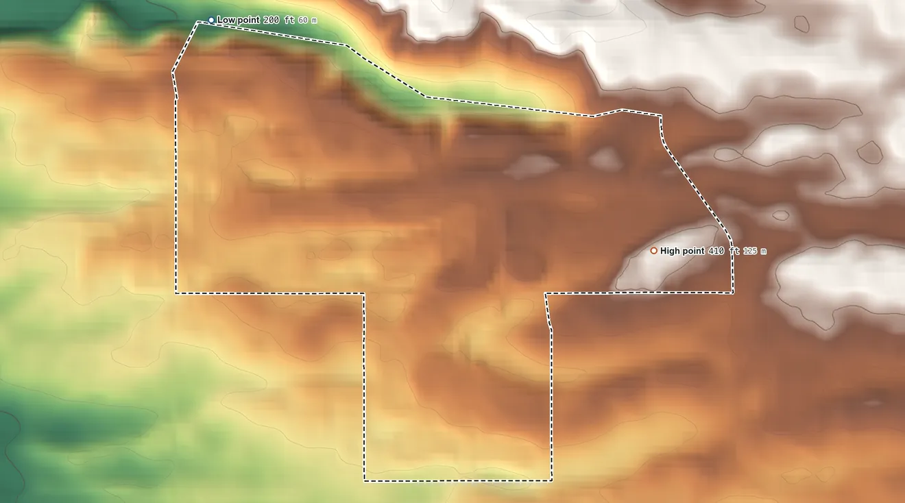 Topographic elevation map of Blacklake, California, shaded from 200 ft on the northwest side to 410 ft on the east side