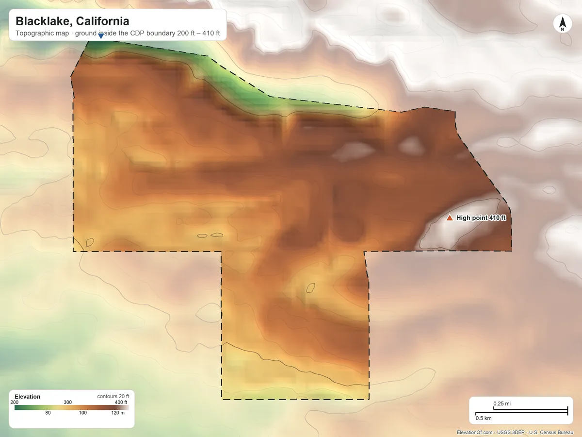 Topographic elevation map of Blacklake, California, shaded from 200 ft on the northwest side to 410 ft on the east side