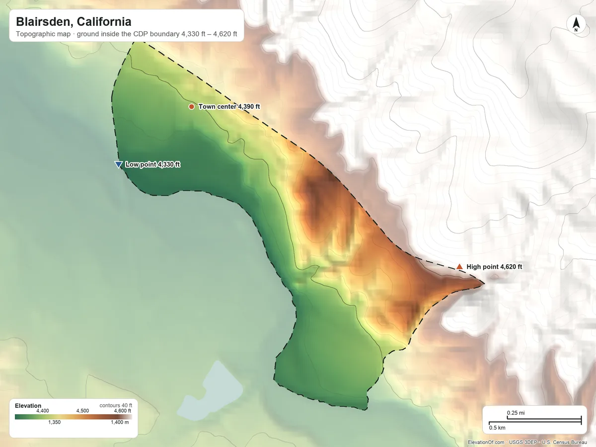 Topographic elevation map of Blairsden, California, shaded from 4,330 ft on the southwest side to 4,620 ft on the southeast edge, below higher ground just outside