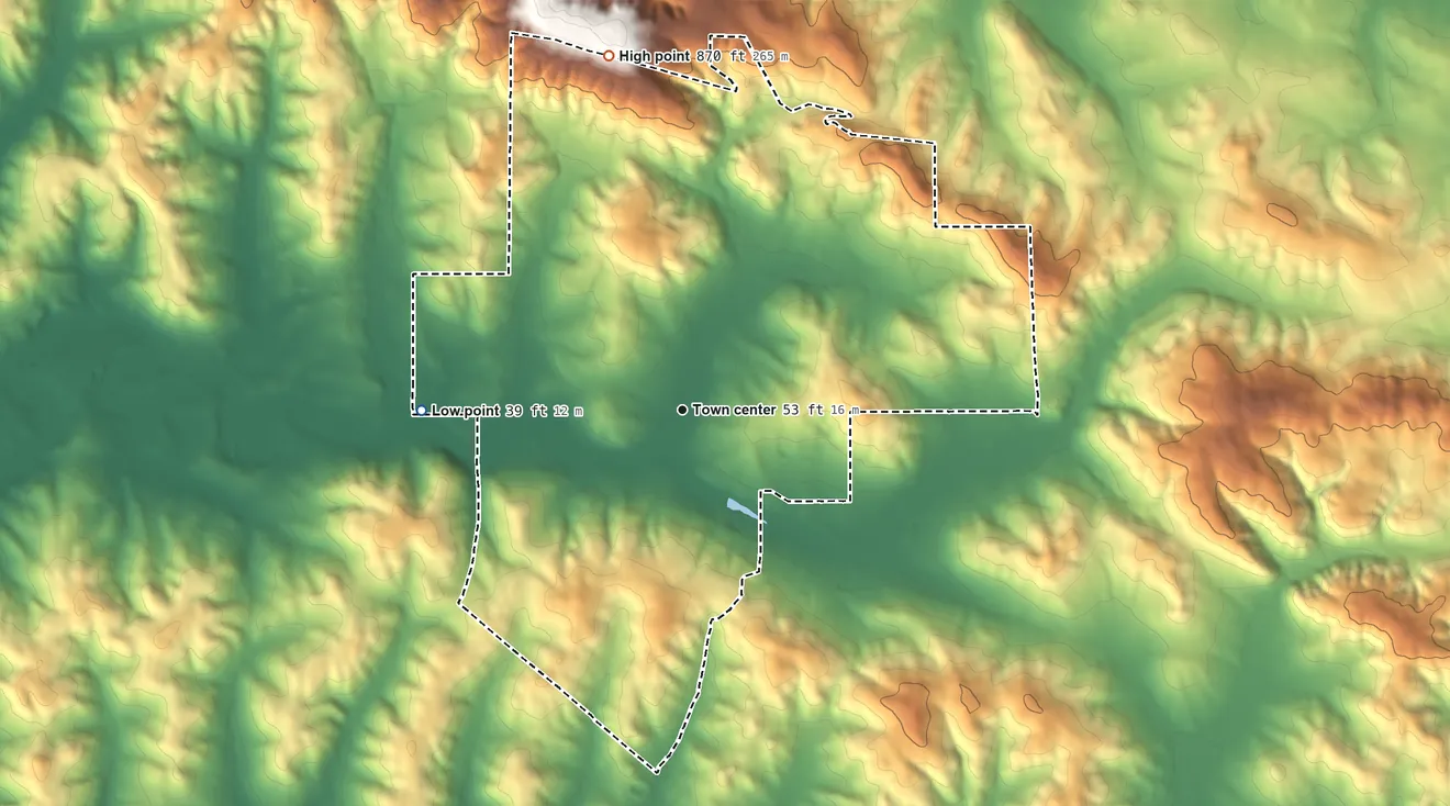 Topographic elevation map of Bloomfield, California, shaded from 39 ft on the west side to 870 ft on the north edge, below higher ground just outside