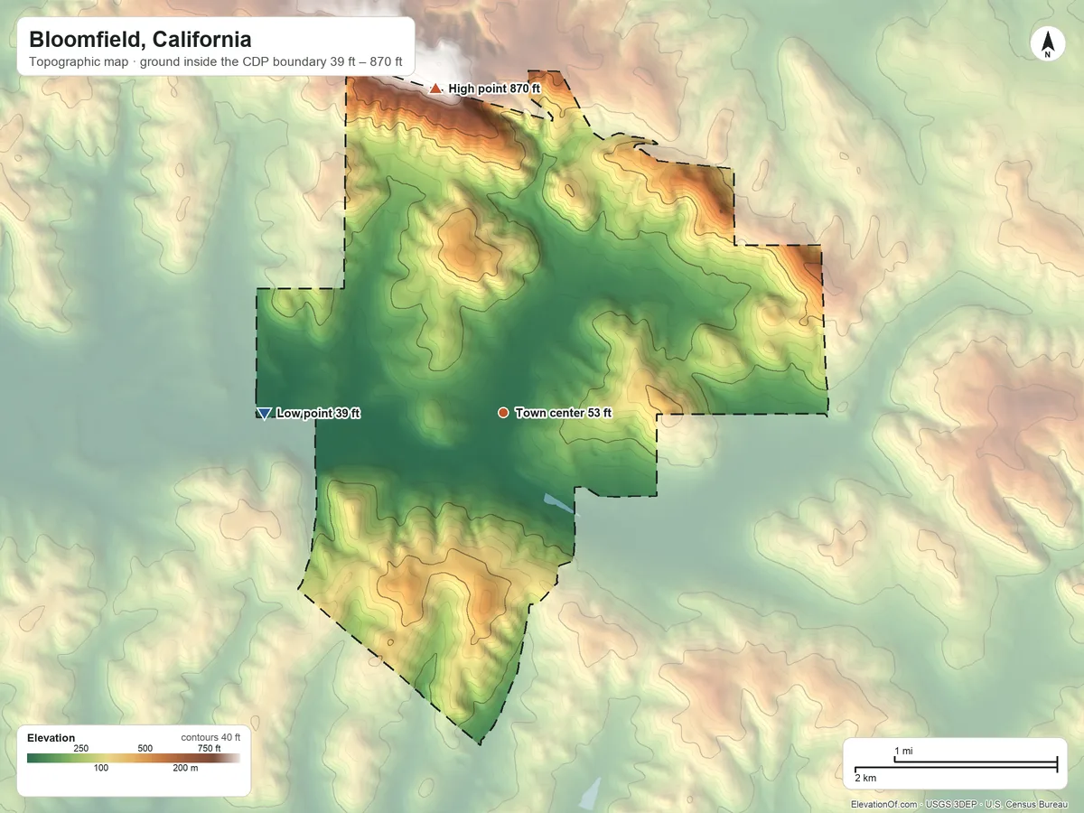Topographic elevation map of Bloomfield, California, shaded from 39 ft on the west side to 870 ft on the north edge, below higher ground just outside