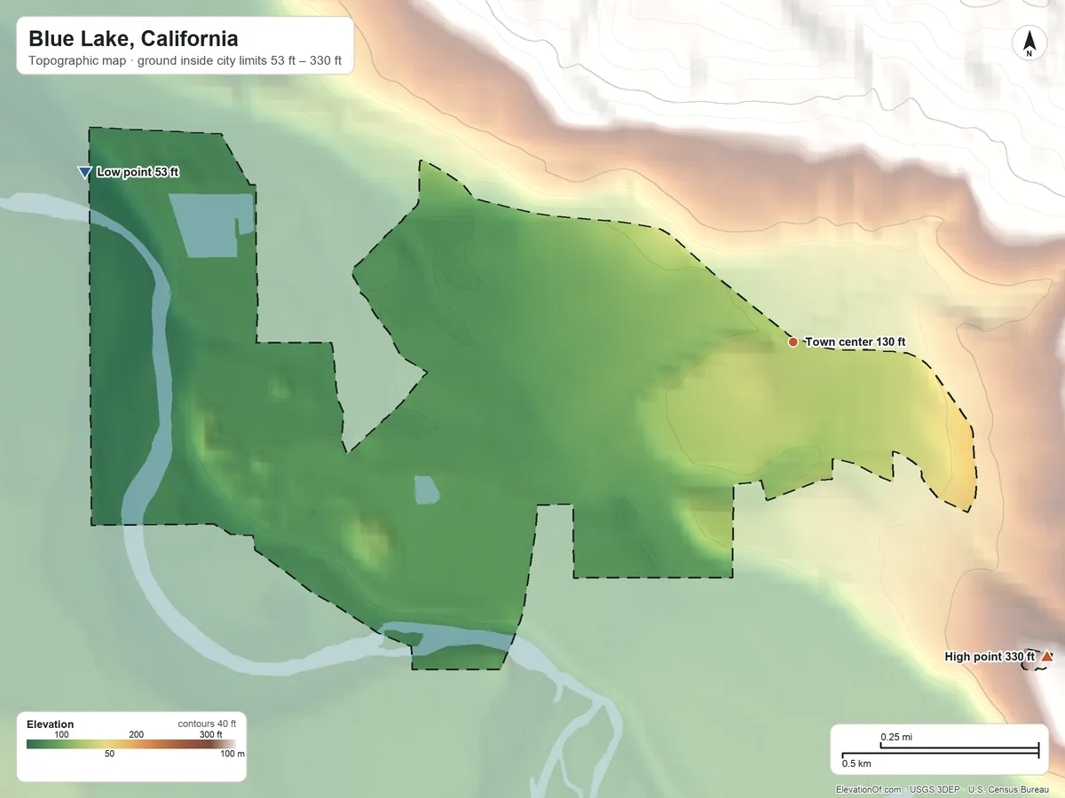 Topographic elevation map of Blue Lake, California, shaded from 53 ft on the west side to 330 ft on the southeast edge, below higher ground just outside