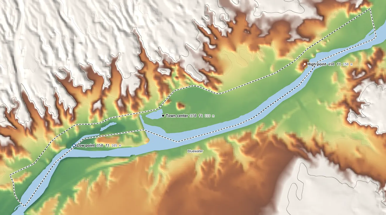 Topographic elevation map of Bluewater, California, shaded from 350 ft on the west side to 490 ft on the east side