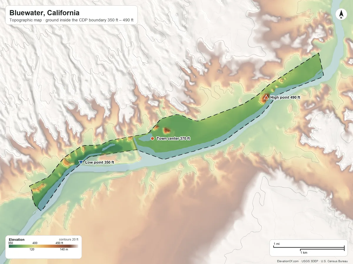 Topographic elevation map of Bluewater, California, shaded from 350 ft on the west side to 490 ft on the east side