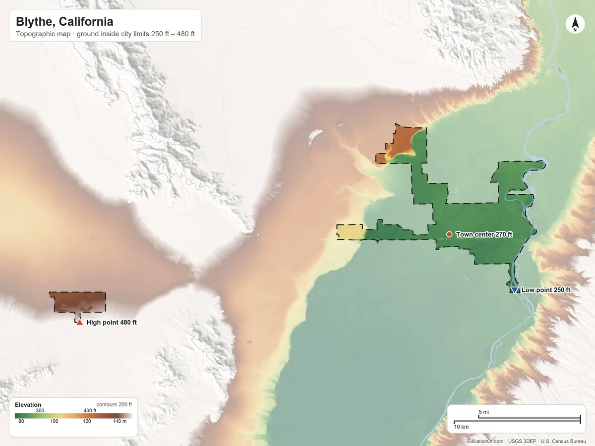Topographic elevation map of Blythe, California, shaded from 250 ft on the southeast side to 480 ft on the west side