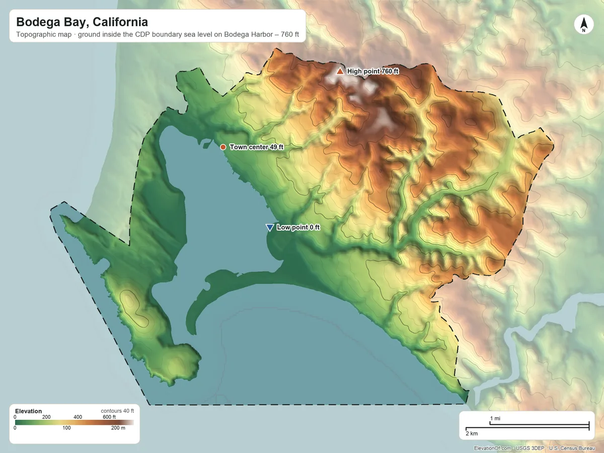 Topographic elevation map of Bodega Bay, California, shaded from sea level level on Bodega Harbor to 760 ft on the northeast side