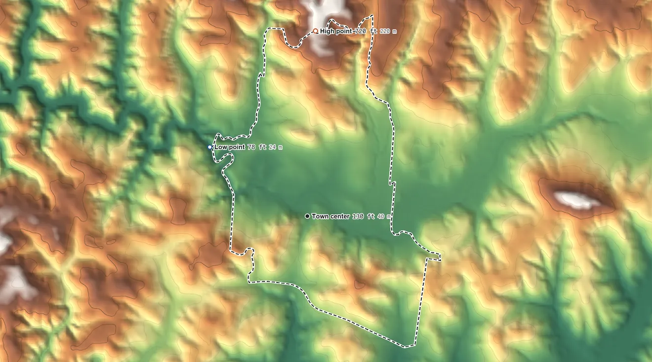 Topographic elevation map of Bodega, California, shaded from 78 ft on the northwest side to 720 ft on the north side