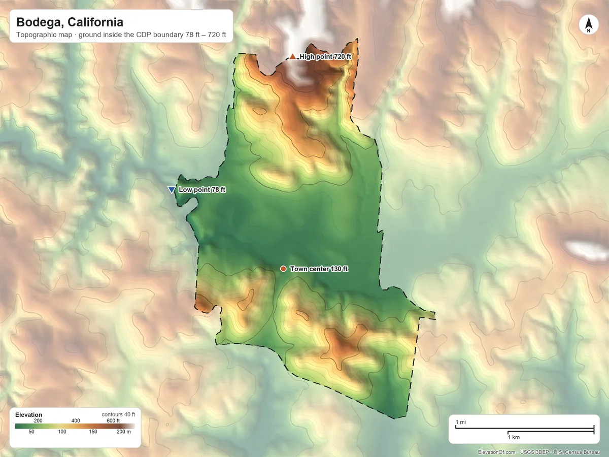 Topographic elevation map of Bodega, California, shaded from 78 ft on the northwest side to 720 ft on the north side