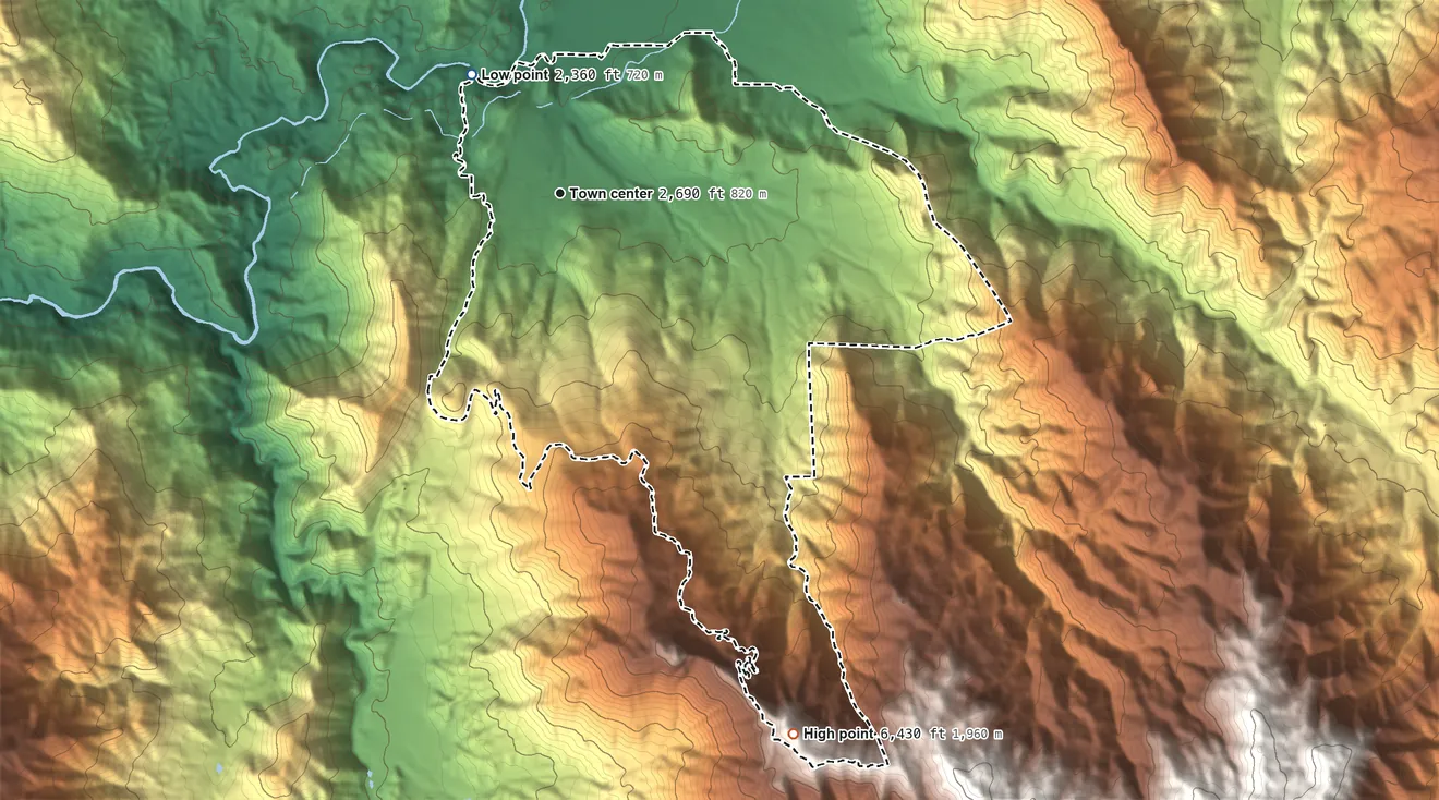 Topographic elevation map of Bodfish, California, shaded from 2,360 ft on the northwest side to 6,430 ft on the southeast side