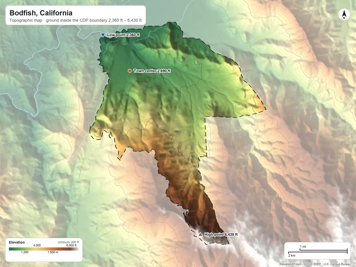 Topographic elevation map of Bodfish, California, shaded from 2,360 ft on the northwest side to 6,430 ft on the southeast side