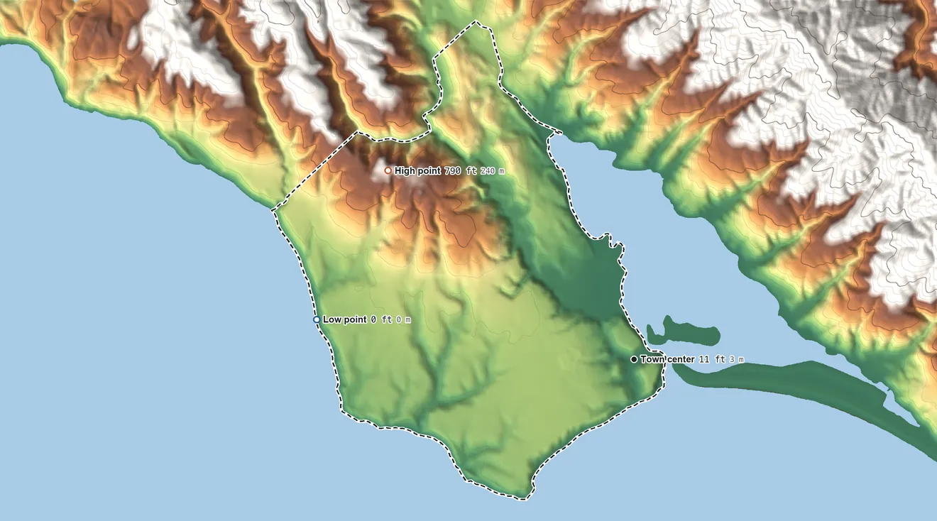 Topographic elevation map of Bolinas, California, shaded from sea level level on the Pacific Ocean to 790 ft on Stewart Point