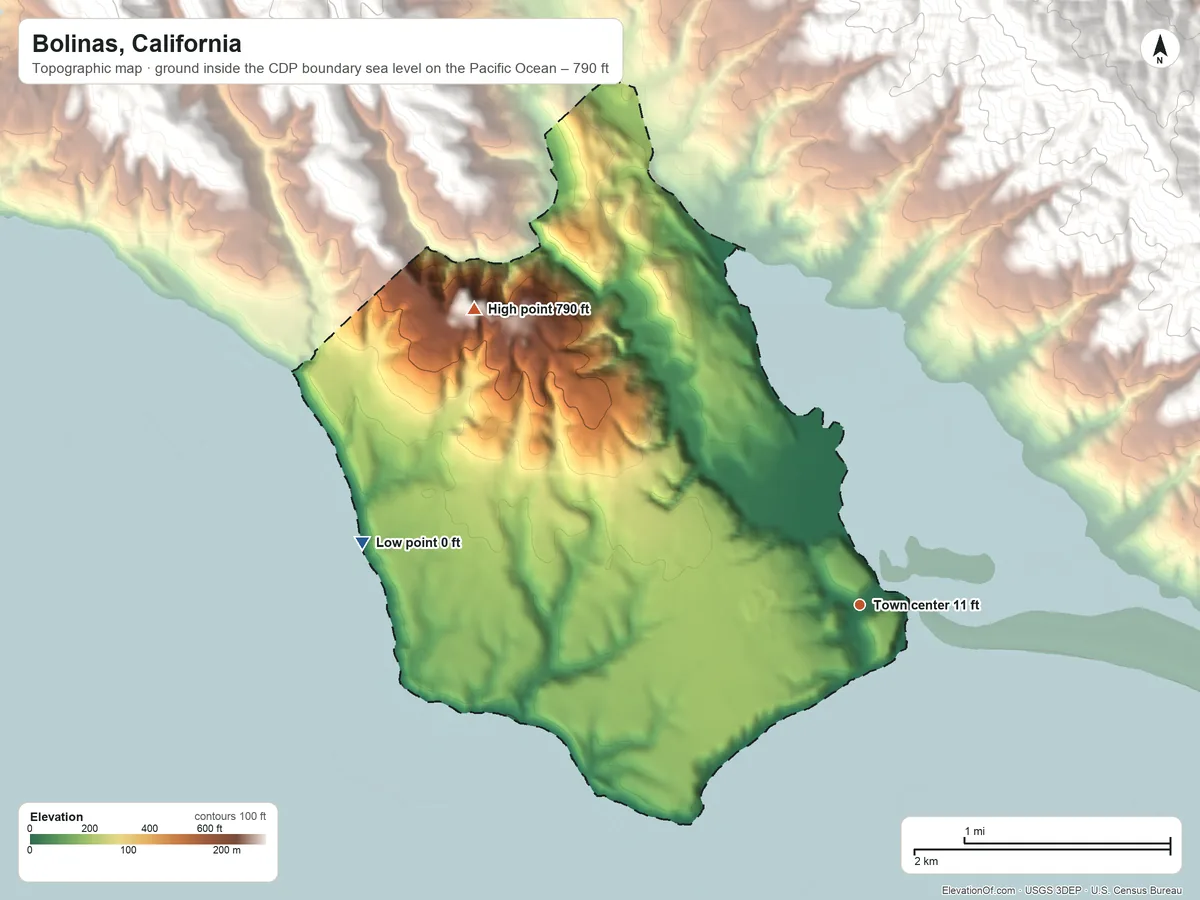 Topographic elevation map of Bolinas, California, shaded from sea level level on the Pacific Ocean to 790 ft on Stewart Point