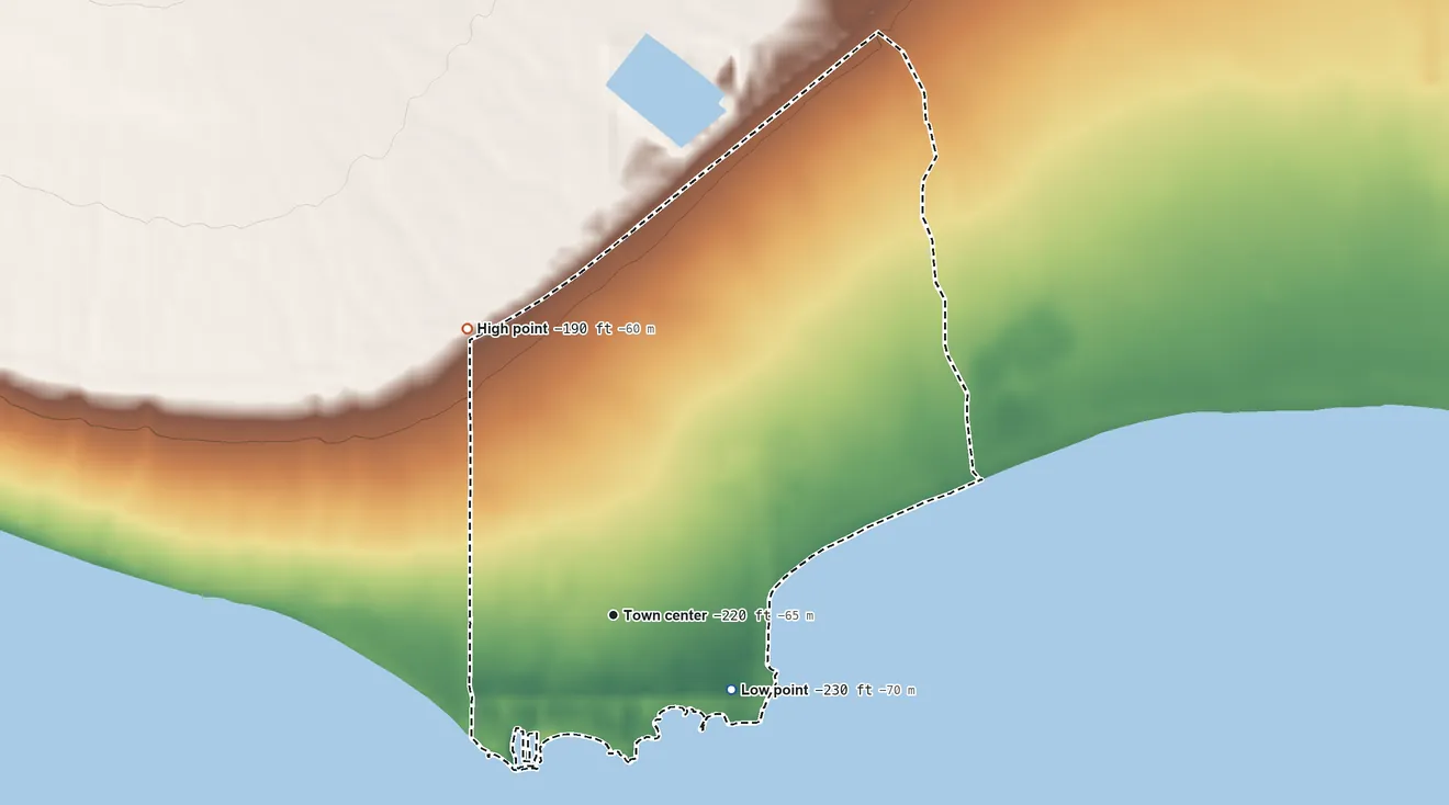 Topographic elevation map of Bombay Beach, California, shaded from −230 ft on the southeast side to −190 ft on the northwest side