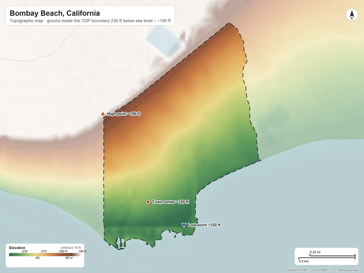 Topographic elevation map of Bombay Beach, California, shaded from −230 ft on the southeast side to −190 ft on the northwest side