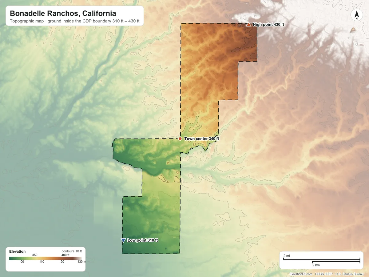 Topographic elevation map of Bonadelle Ranchos, California, shaded from 310 ft on the southwest side to 430 ft on the northeast side