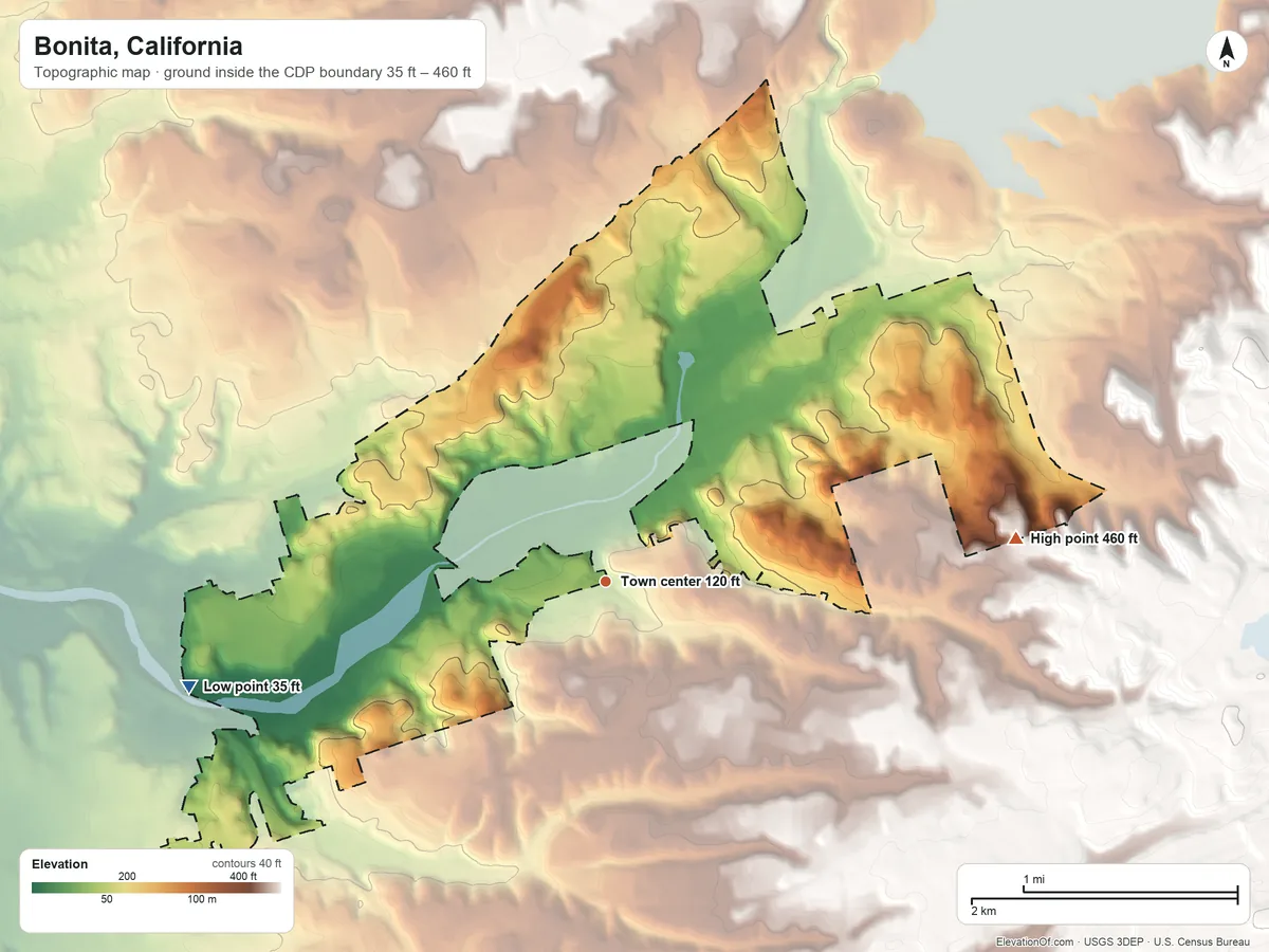 Topographic elevation map of Bonita, California, shaded from 35 ft on the west side to 460 ft at the foot of the Jamul Mountains