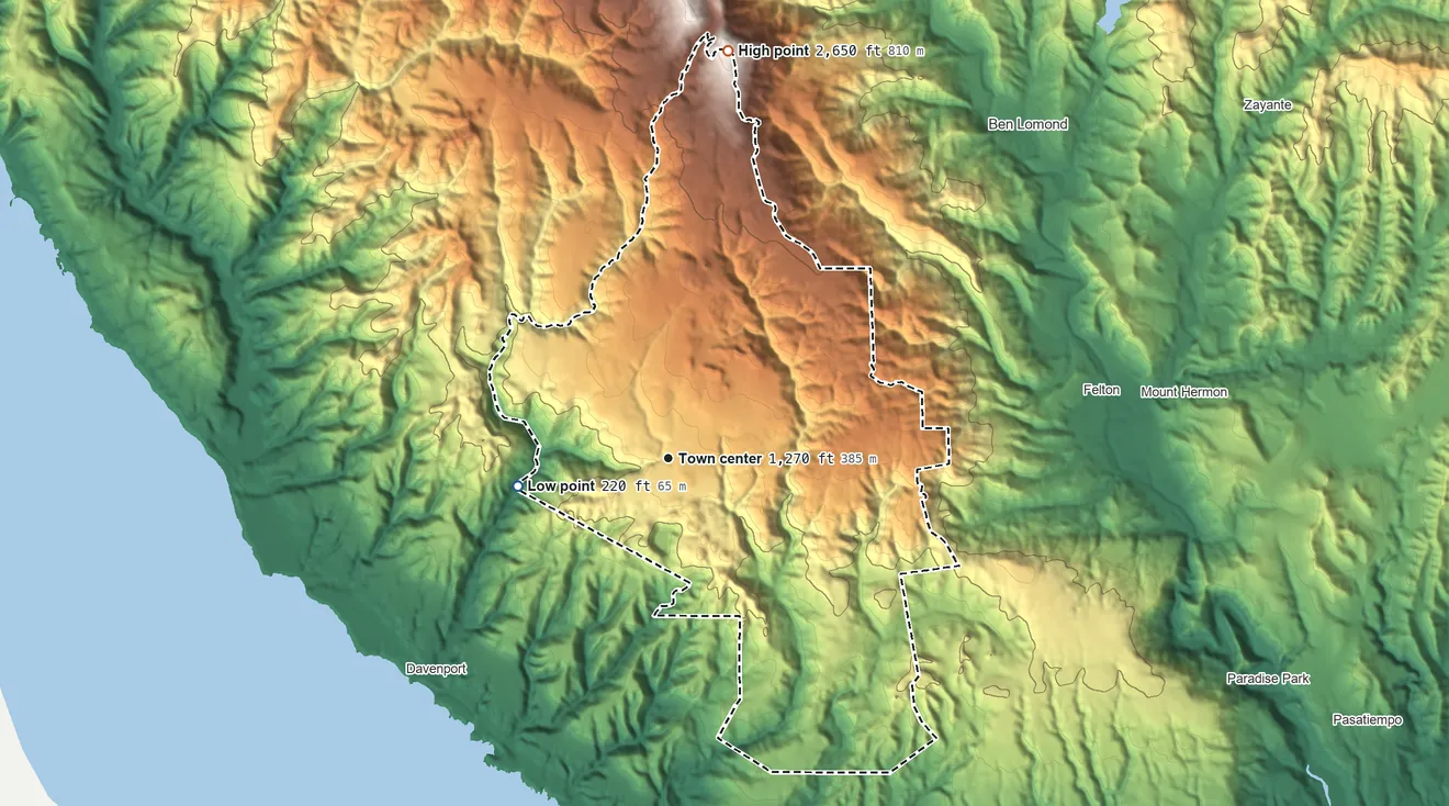 Topographic elevation map of Bonny Doon, California, shaded from 220 ft on the west side to 2,650 ft on Ben Lomond Mountain