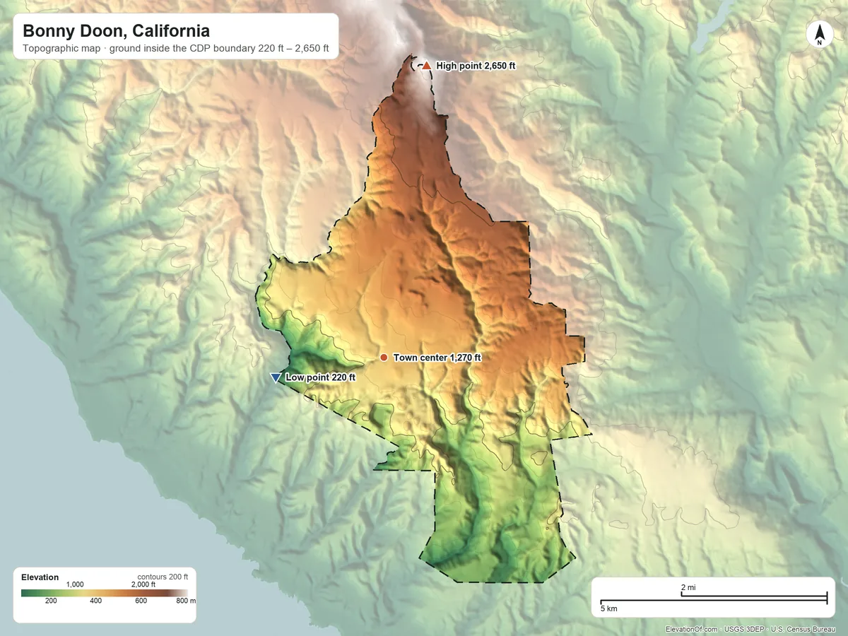 Topographic elevation map of Bonny Doon, California, shaded from 220 ft on the west side to 2,650 ft on Ben Lomond Mountain