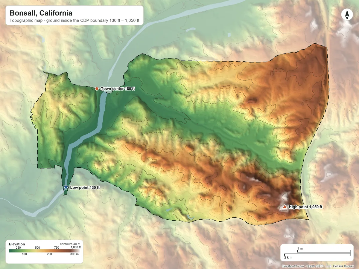 Topographic elevation map of Bonsall, California, shaded from 130 ft on the south side to 1,050 ft at the foot of the Merriam Mountains