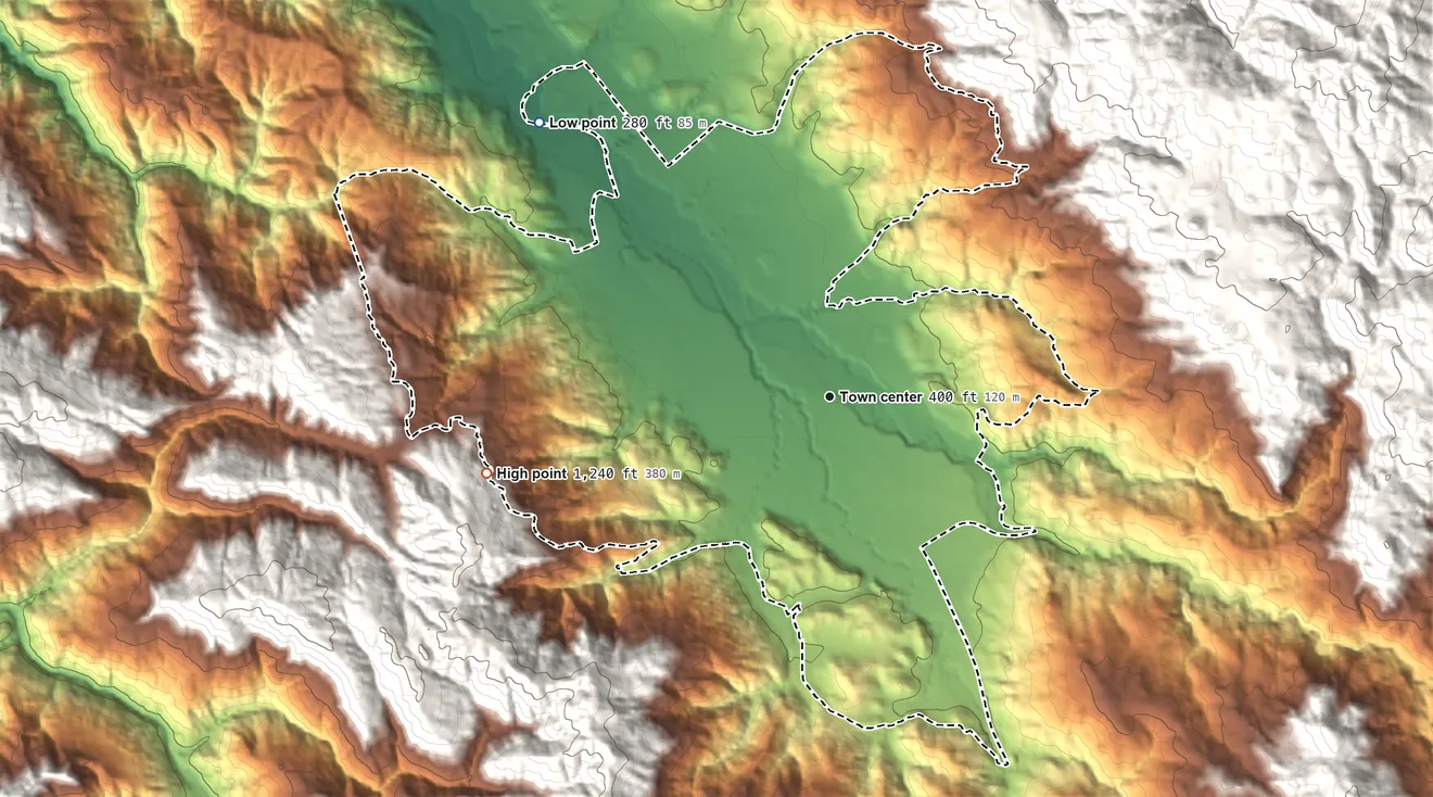 Topographic elevation map of Boonville, California, shaded from 280 ft on the northwest side to 1,240 ft at the foot of the Flynn Hills