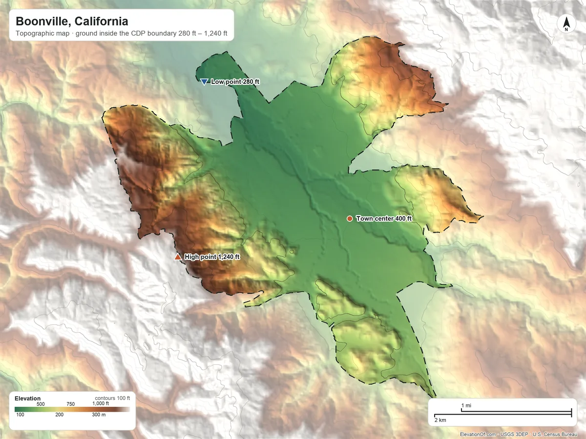 Topographic elevation map of Boonville, California, shaded from 280 ft on the northwest side to 1,240 ft at the foot of the Flynn Hills