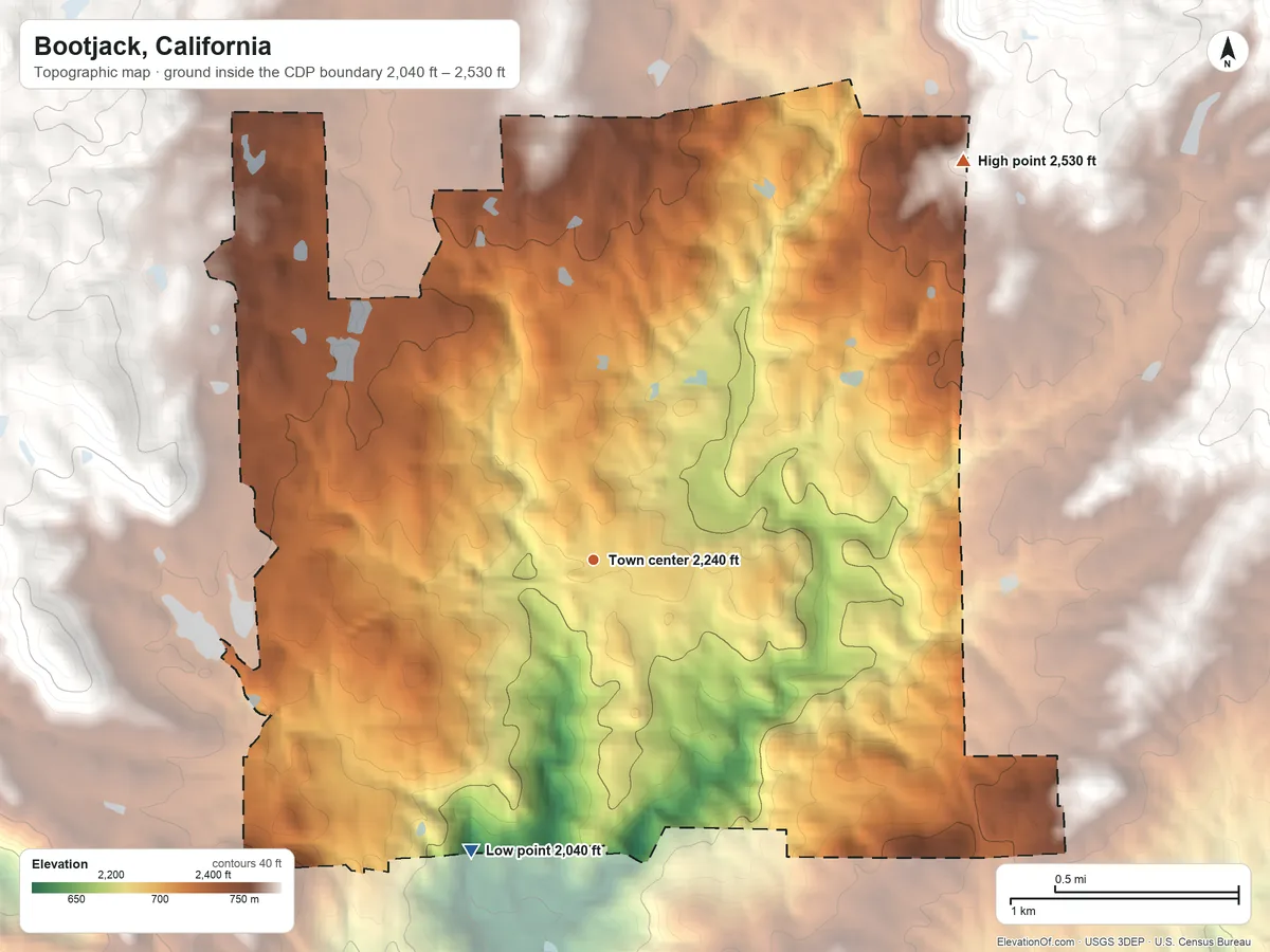 Topographic elevation map of Bootjack, California, shaded from 2,040 ft on the southwest side to 2,530 ft at the foot of the Chowchilla Mountains