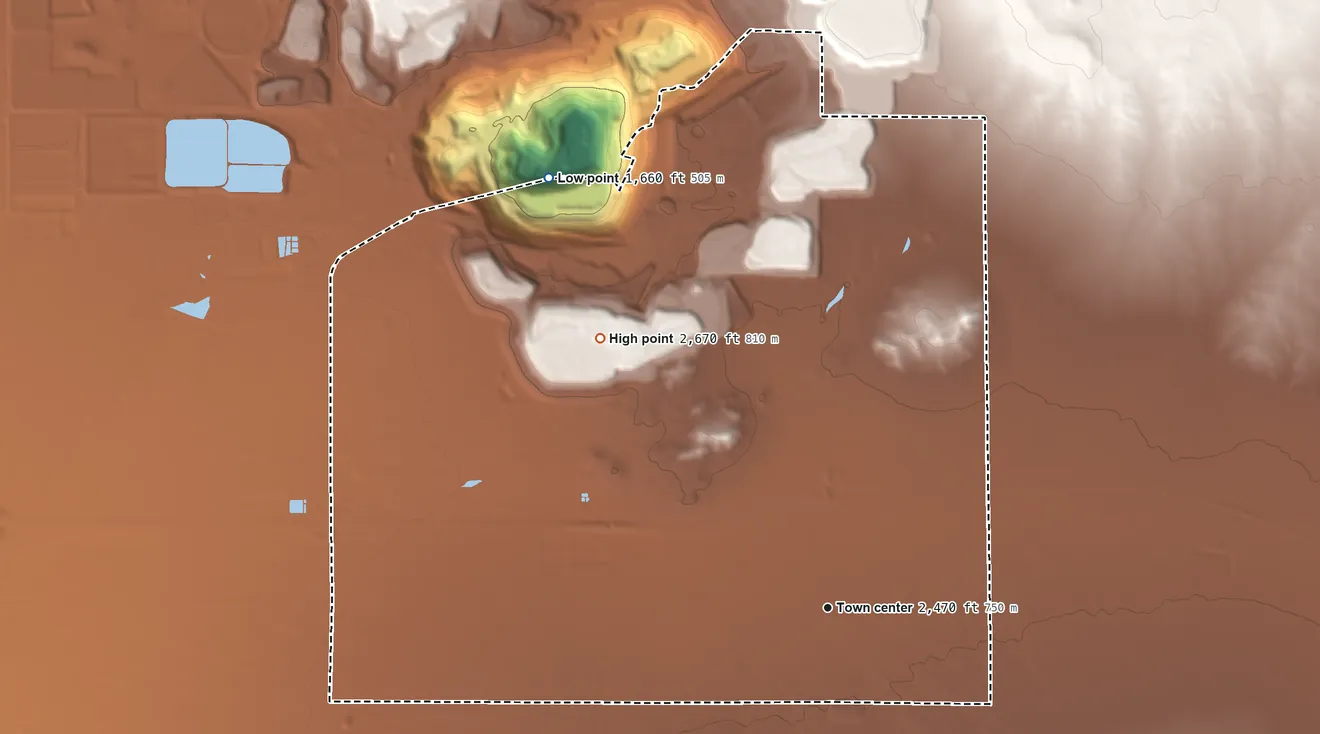 Topographic elevation map of Boron, California, shaded from 1,660 ft on the northwest side to 2,670 ft on the northwest side
