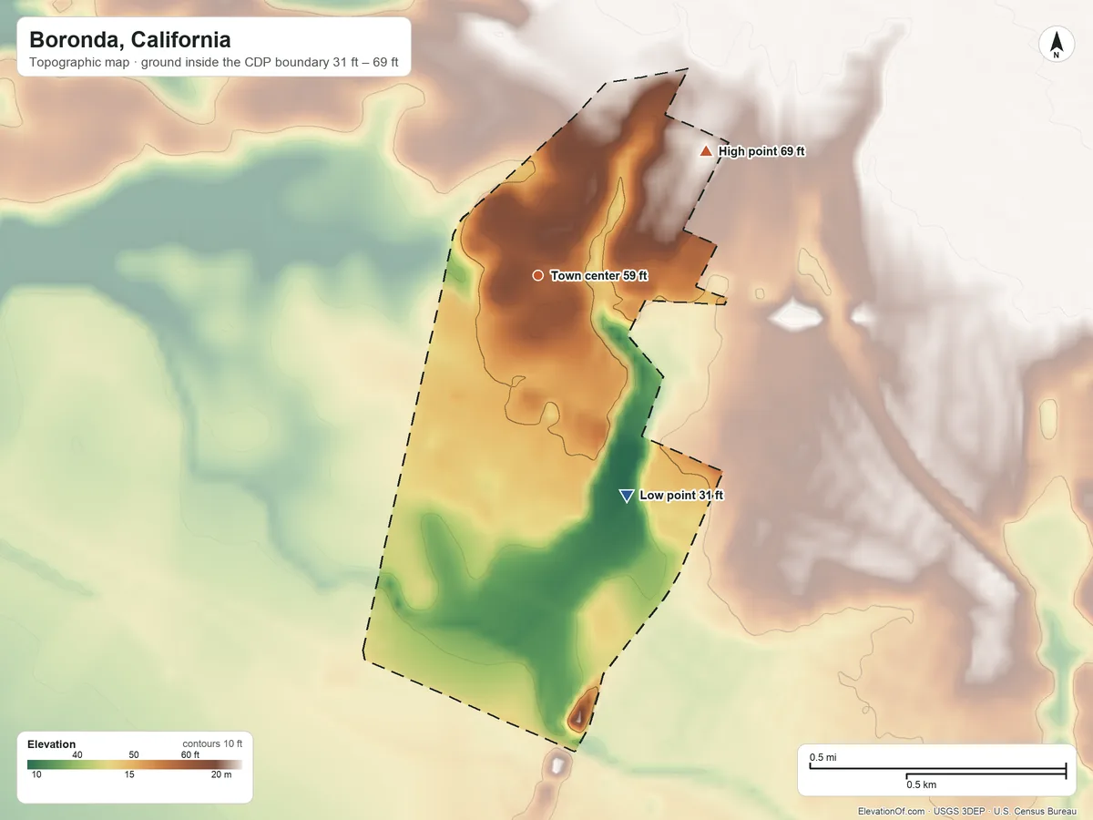 Topographic elevation map of Boronda, California, shaded from 31 ft on the south side to 69 ft on the northeast side