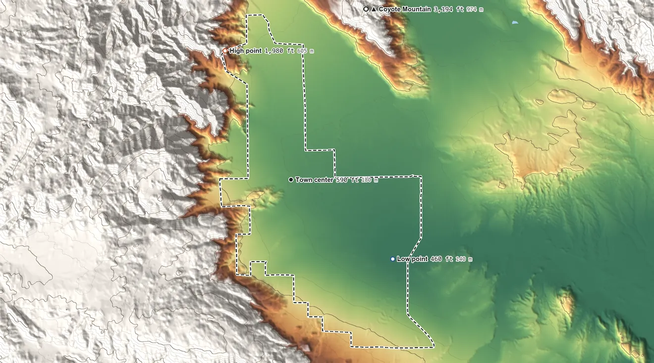 Topographic elevation map of Borrego Springs, California, shaded from 460 ft on the southeast side to 1,980 ft at the foot of the San Felipe Hills