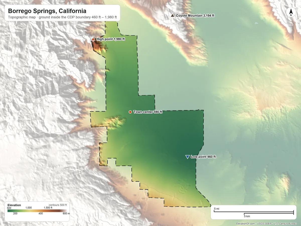Topographic elevation map of Borrego Springs, California, shaded from 460 ft on the southeast side to 1,980 ft at the foot of the San Felipe Hills