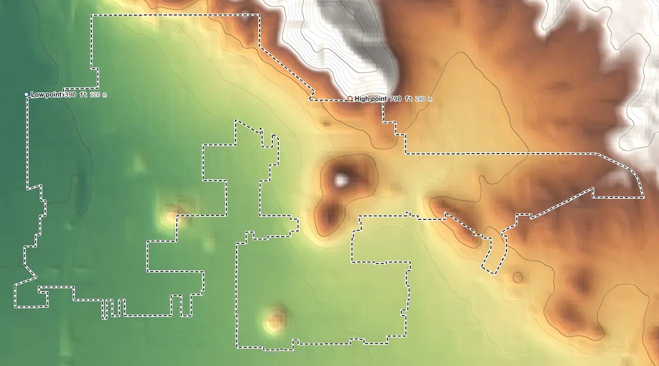 Topographic elevation map of Bostonia, California, shaded from 390 ft on the northwest side to 790 ft at the foot of the Fletcher Hills