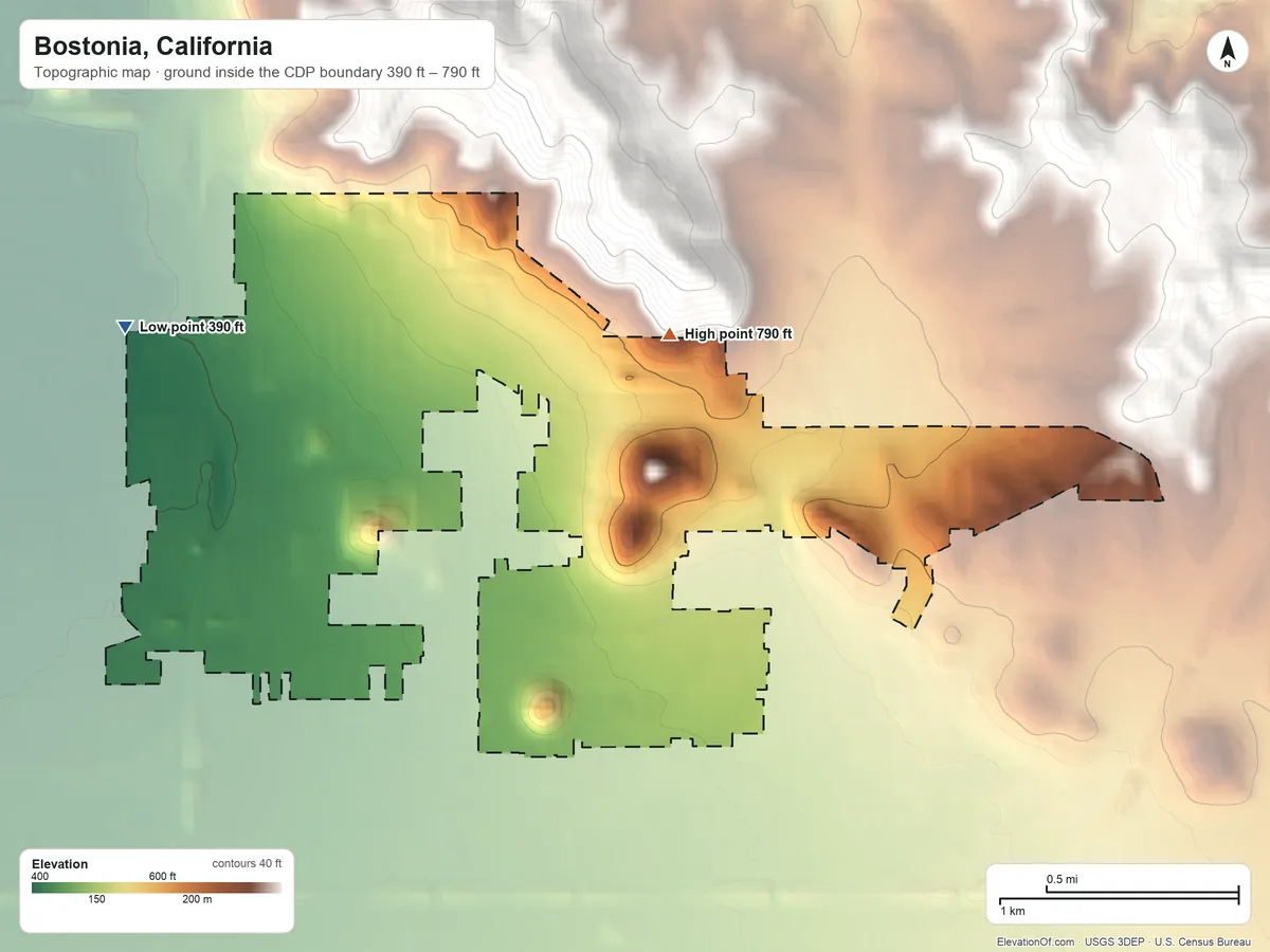 Topographic elevation map of Bostonia, California, shaded from 390 ft on the northwest side to 790 ft at the foot of the Fletcher Hills