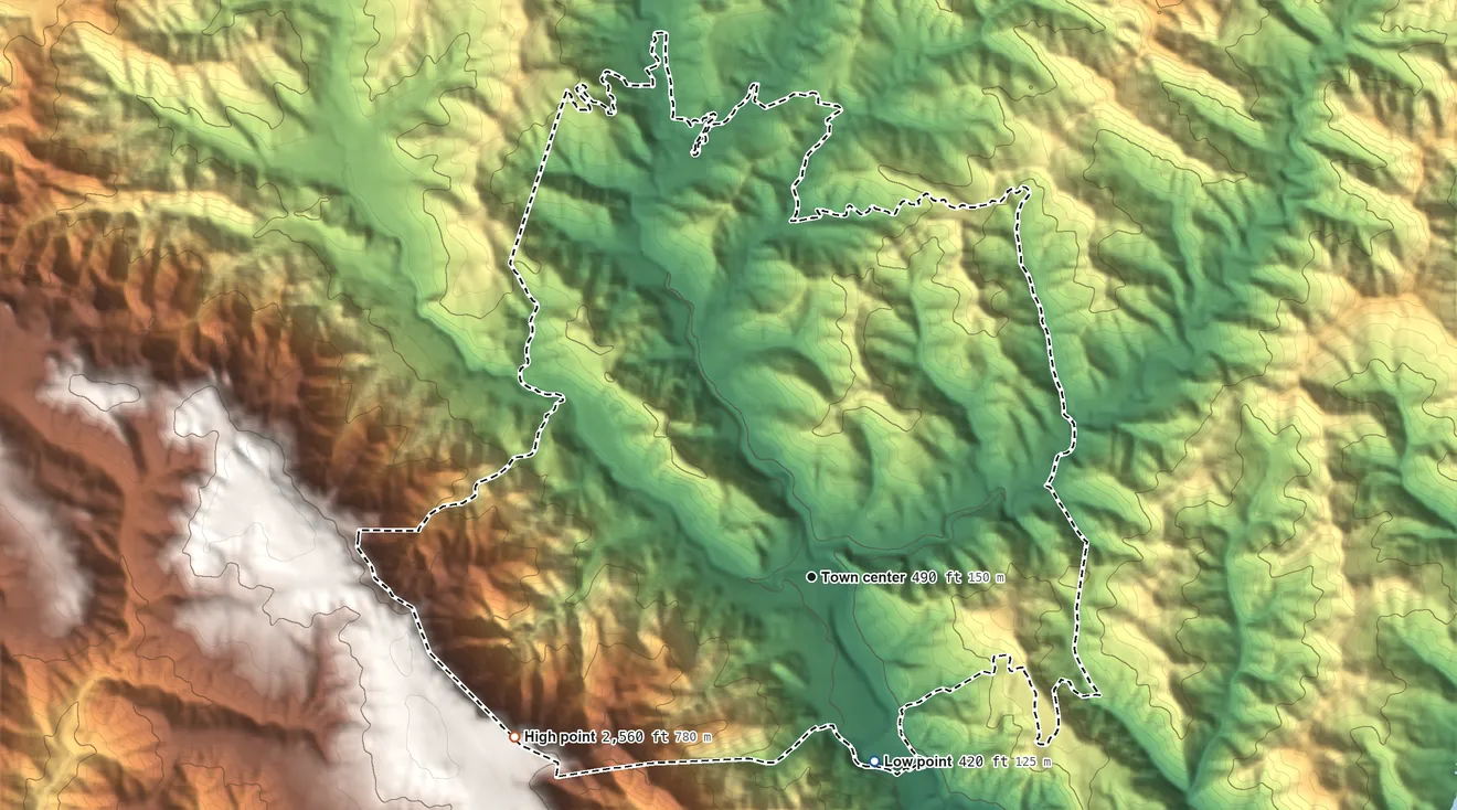 Topographic elevation map of Boulder Creek, California, shaded from 420 ft on the south side to 2,560 ft on the southwest side