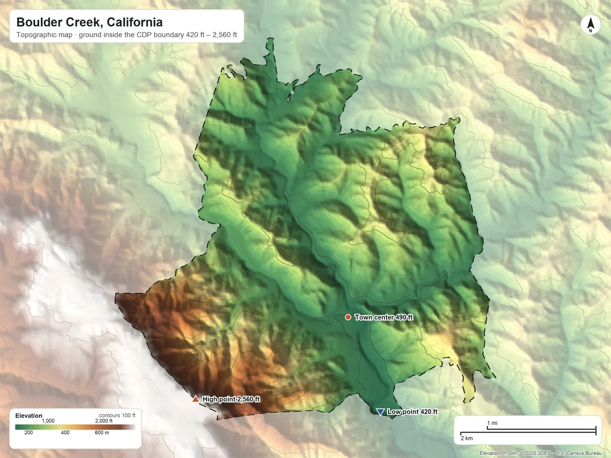 Topographic elevation map of Boulder Creek, California, shaded from 420 ft on the south side to 2,560 ft on the southwest side