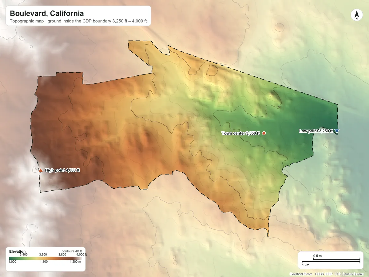 Topographic elevation map of Boulevard, California, shaded from 3,250 ft on the east side to 4,000 ft on the west side