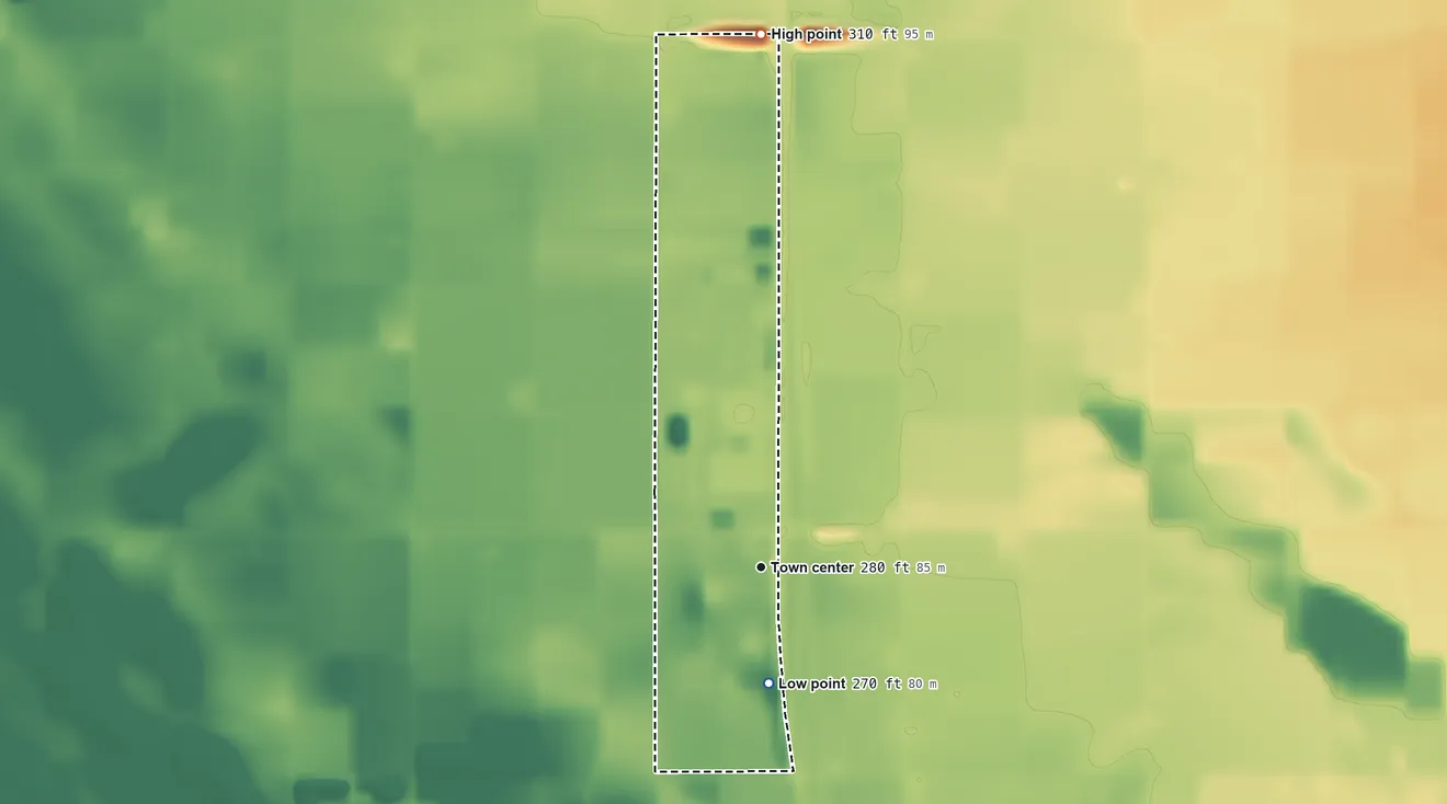 Topographic elevation map of Bowles, California, shaded from 270 ft on the south side to 310 ft on the north side