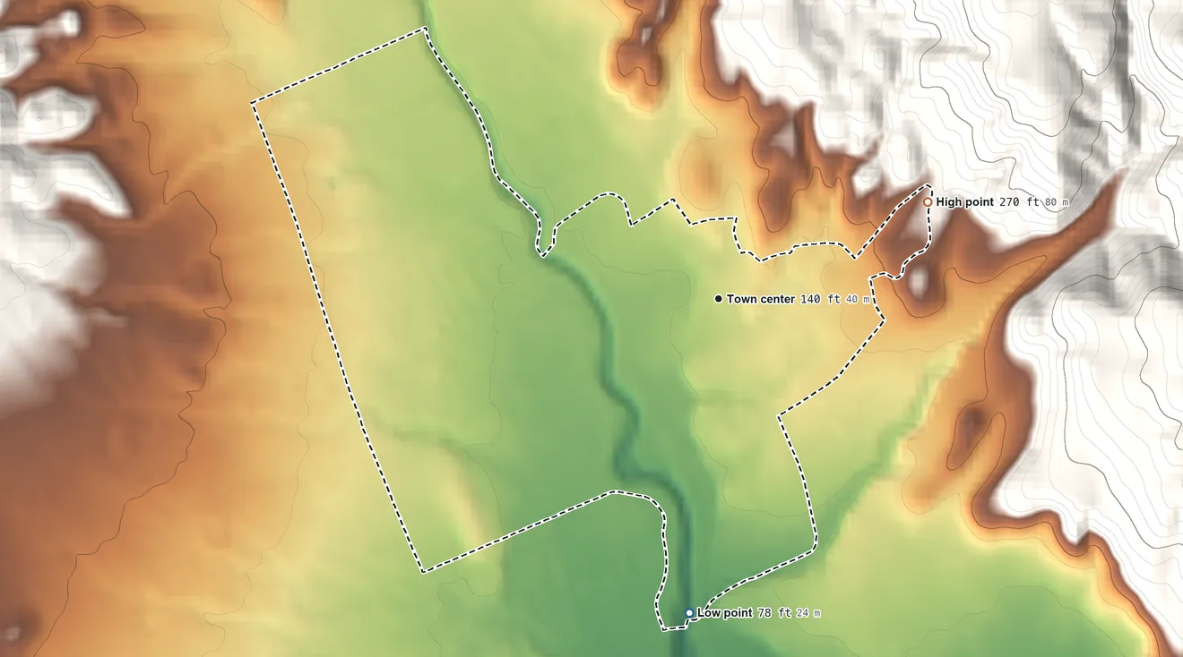 Topographic elevation map of Boyes Hot Springs, California, shaded from 78 ft on the south side to 270 ft at the foot of the Sonoma Mountains