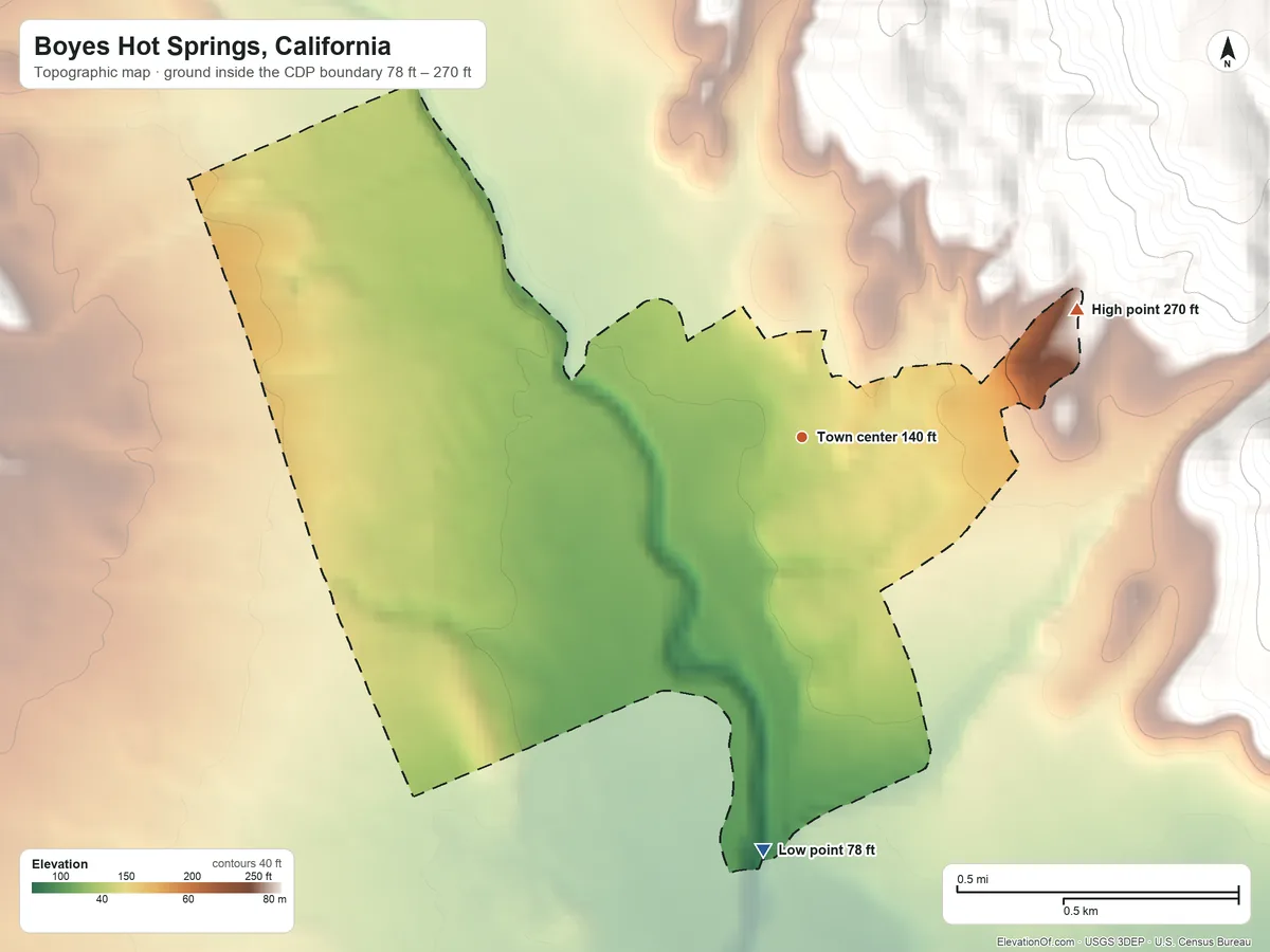 Topographic elevation map of Boyes Hot Springs, California, shaded from 78 ft on the south side to 270 ft at the foot of the Sonoma Mountains
