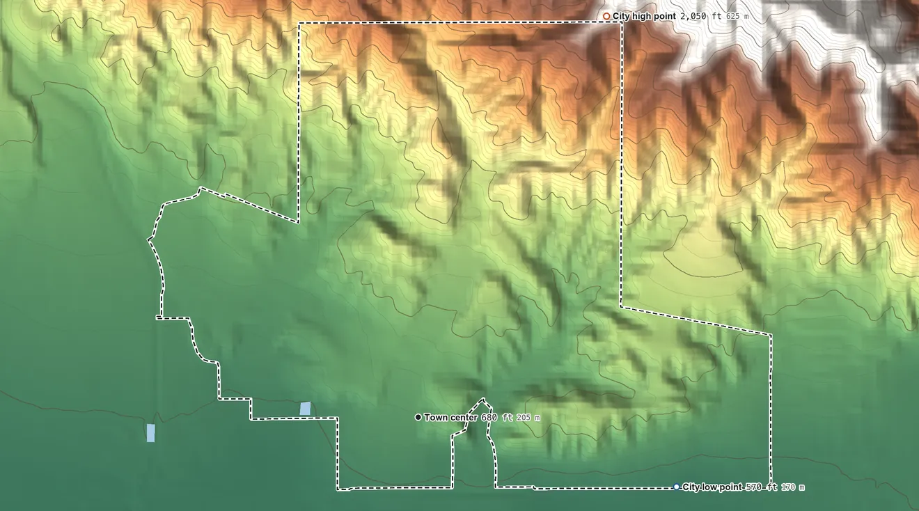 Topographic elevation map of Bradbury, California, shaded from 570 ft on the east side to 2,050 ft at the foot of the South Hills