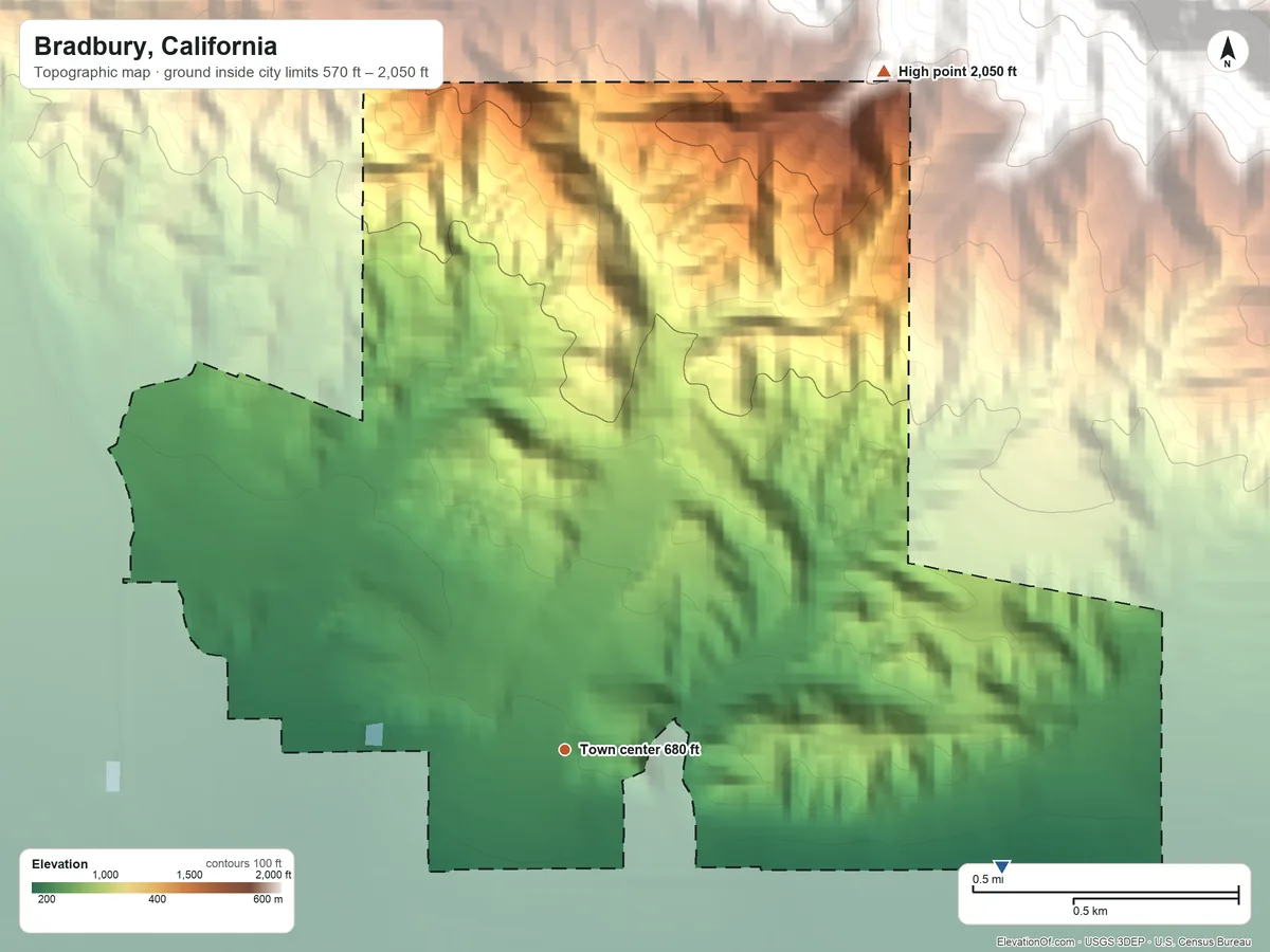 Topographic elevation map of Bradbury, California, shaded from 570 ft on the east side to 2,050 ft at the foot of the South Hills