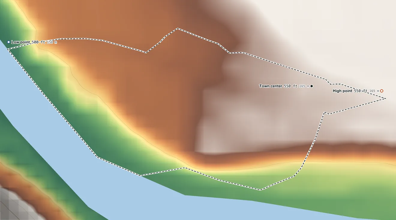 Topographic elevation map of Bradley, California, shaded from 500 ft on the west side to 550 ft on the east edge, below higher ground just outside